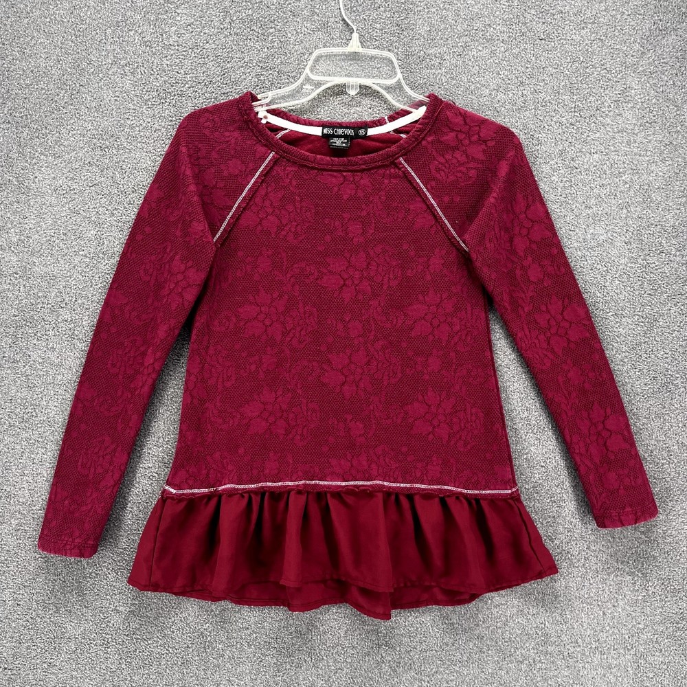Miss Chievous Peplum Top Womens Size XS Burgundy Raglan sleeve crew‎ neck